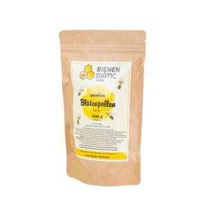 Gemahlene Blütenpollen in einer Plastikverpackung und Kartonumverpackung