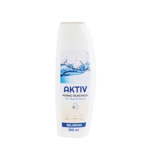 Aktiv Duschgel mit Honig in einer Duschgel Flasche mit blauem Etikett