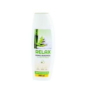 Relax Duschgel in einer weißen Duschgelflasche mit grünem Etikett