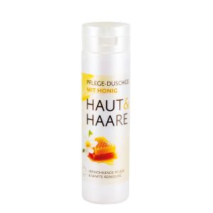 Pflege Duschgel mit Honig in einer gold schimmernden Flasche mit Klappdeckel