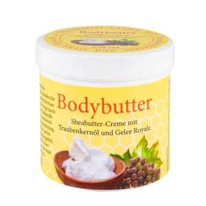 Sheabutter-Creme mit Traubenkernöl und Gelée Royale in einer weißen Dose mit gelben Etiketten
