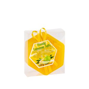 Honig Wabenseife mit Lemonenduft in einer durchsichtigen Verpackung mit einer goldenen Geschenkschleife