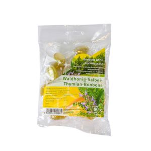 Waldhonig-Salbei-Thymian-Bonbons in einer transparenten Tüte