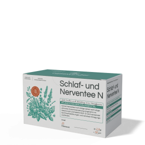 Schlaf- Nerventee in einer Kartonverpackung mit Kräutern abgebildet