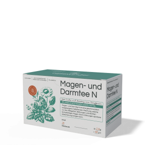 Magen- und Darmtee in einer Kartonverpackung mit Kräutern abgebildet
